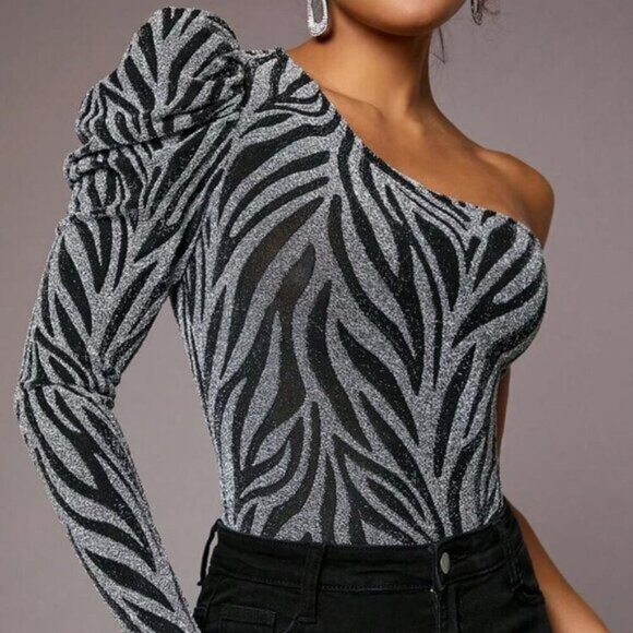 Metallic Zebra Print One-Shoulder Bodysuit With Puff Sleeve Asymmetrical Necklin - Picture 4 of 5